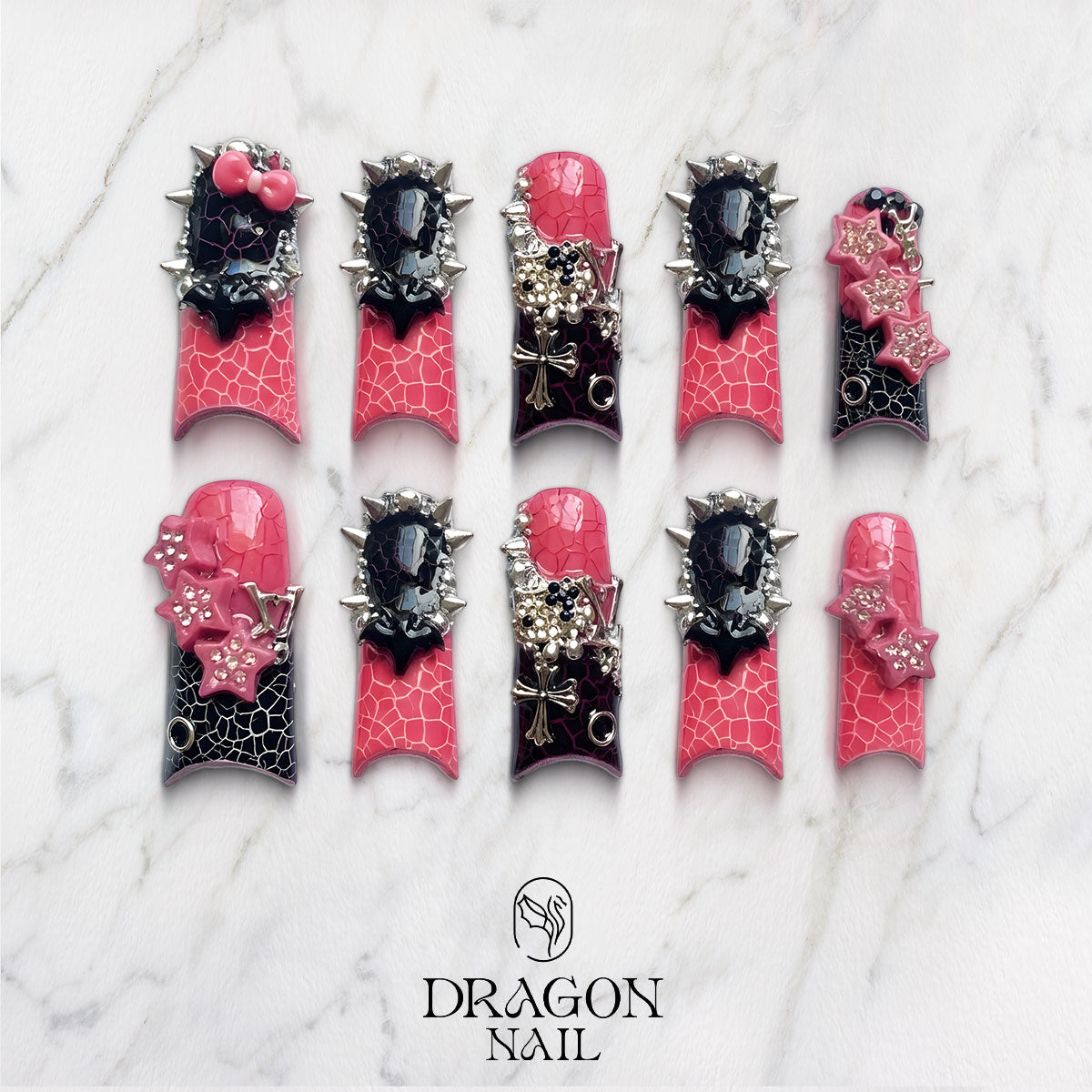 Y2K Leopard Punk Press-On Nails, 3D Spikes Chains Statement Set, Limited Edition