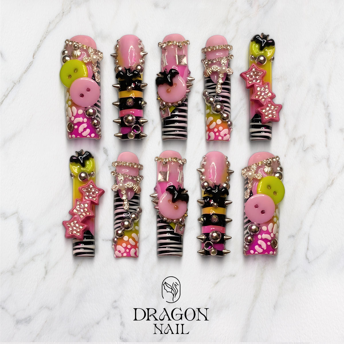 Y2K Pink Punk Press-On Nails, 3D Buttons Spikes Zebra Stripes Statement Set, Limited Edition