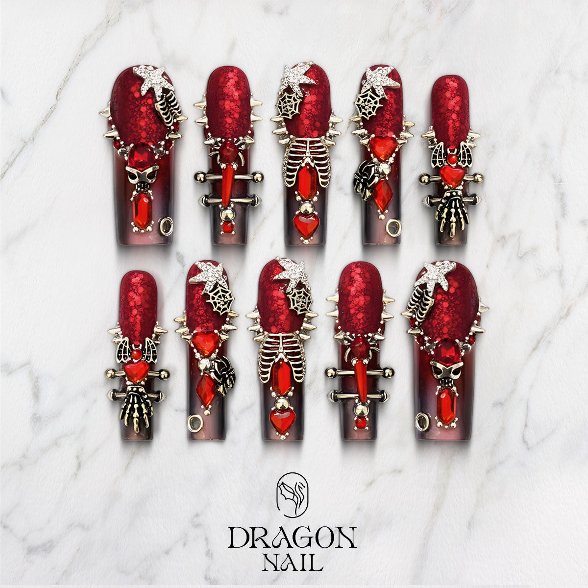 Gothic Red Skeleton Press-On Nails, Dark Vampire Crystal Nail Art Set, Limited Edition