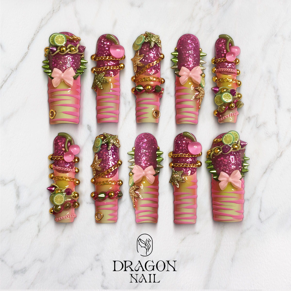 Pink Candy Glitter Press-On Nails, Y2K Fruity 3D Charm Nail Art Set, Limited Edition