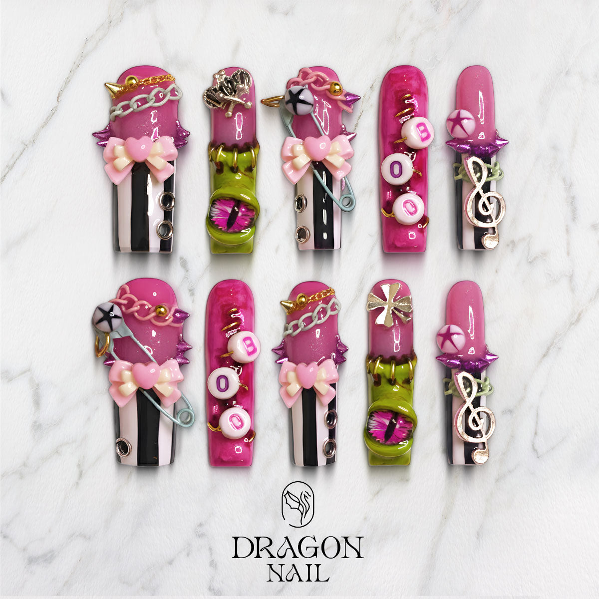 Y2K Candy Gothic Press-On Nails, Pink Punk 3D Charm Nail Art Set, Limited Edition