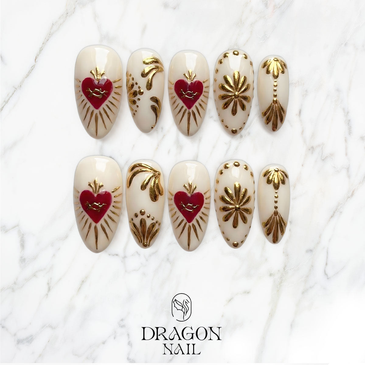 Elegant White and Gold Nails, Red Heart Accents and Vintage Metallic Art Press-On Set, Limited Edition