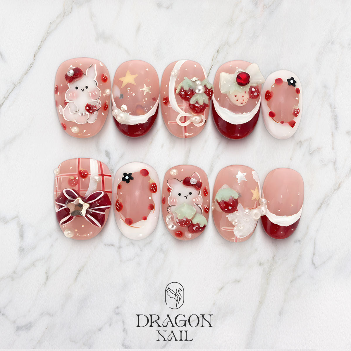 Strawberry Bunny Cute Red Pink Reusable Press-On Set With Bows & Pearls