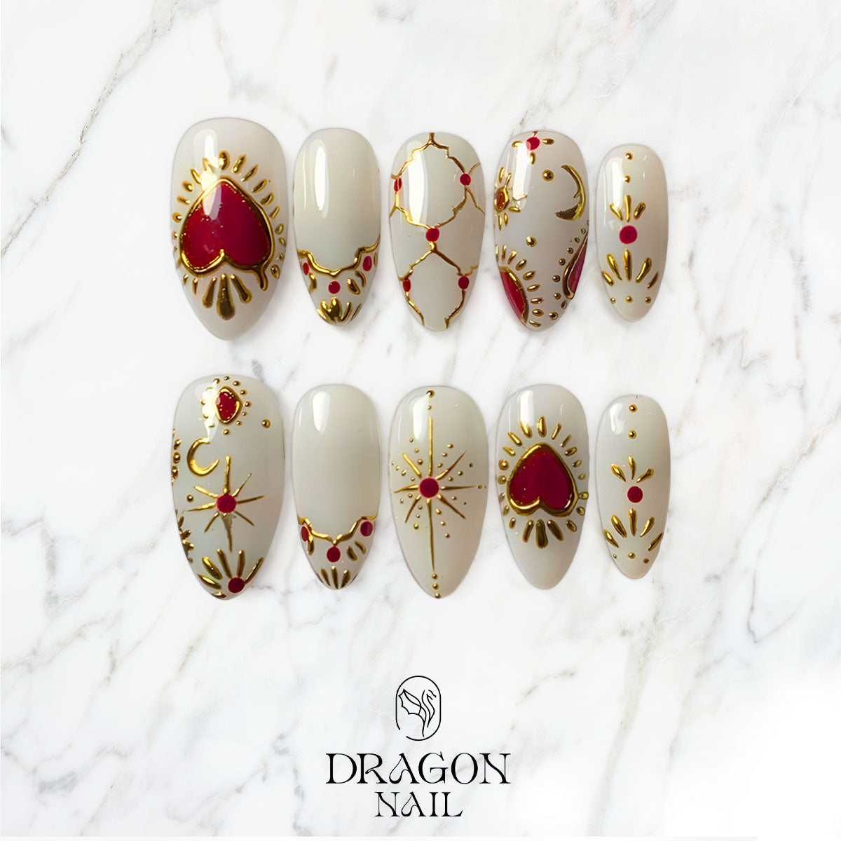 White and Gold Vintage Nails, Red Heart and Celestial Art Press-On Set, Limited Edition
