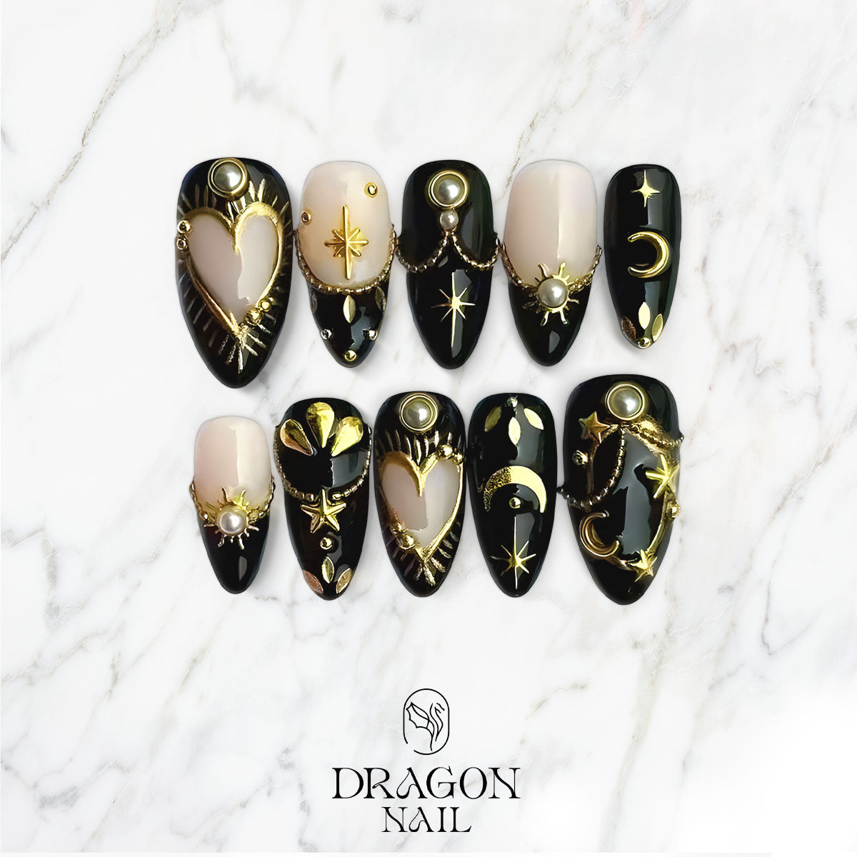 Vintage Angel Nails, Deep Red Gothic Press-On Set With Gold Cross & Heart Art, Limited Edition