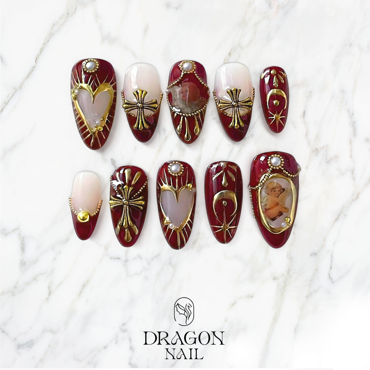 Black Celestial Nails, Gold Moon & Star Gothic Press-On Set, Limited Edition