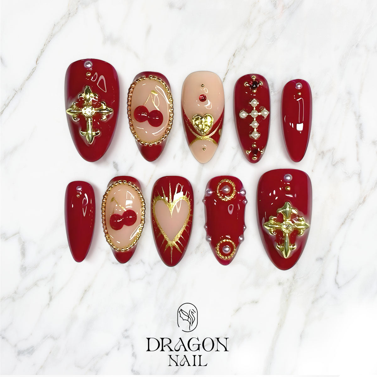 Red Cherry Heart Nails, Gold Cross & Pearl Gothic Press-On Set, Limited Edition