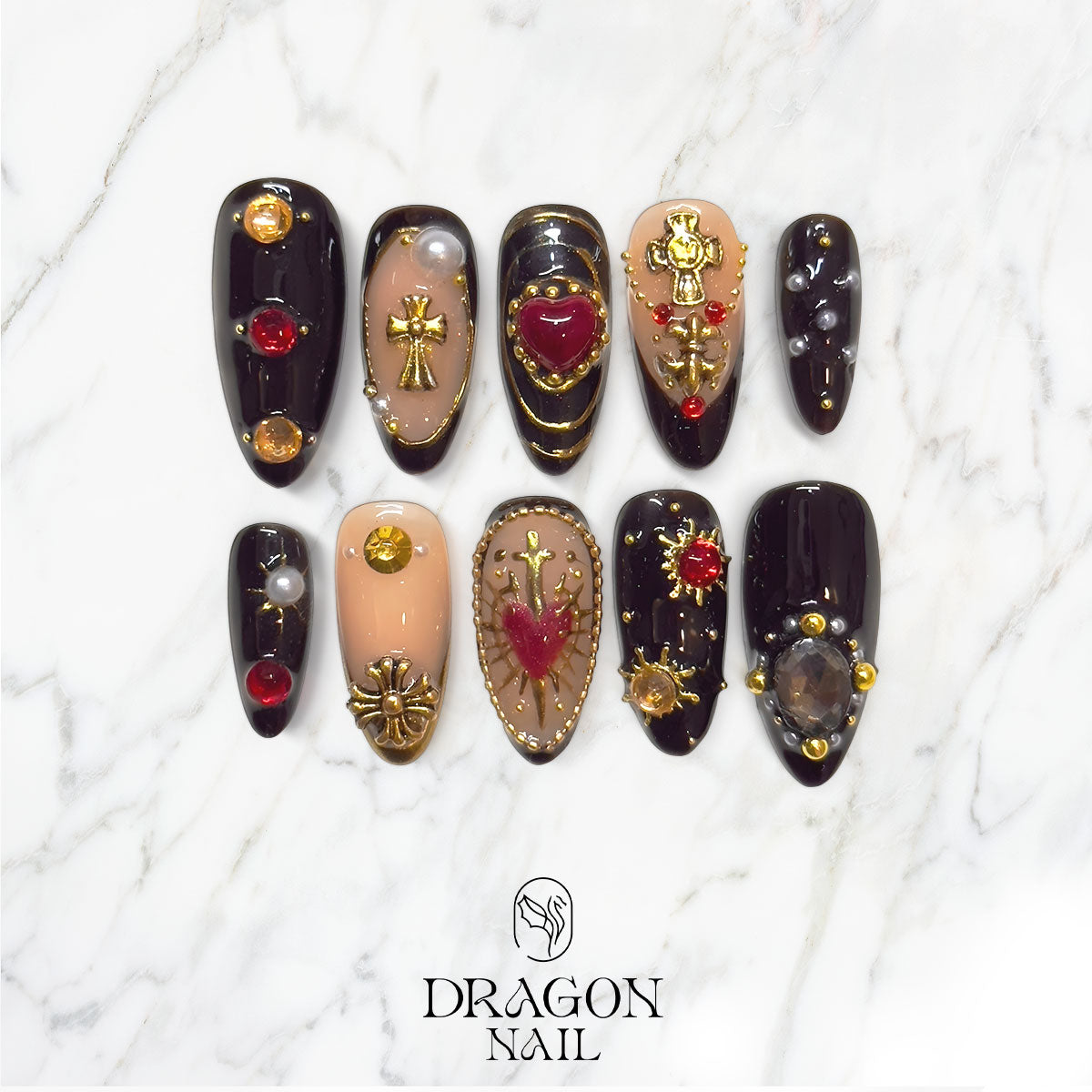 Black Gothic Heart Nails, Red Gem & Gold Cross Press-On Set, Limited Edition