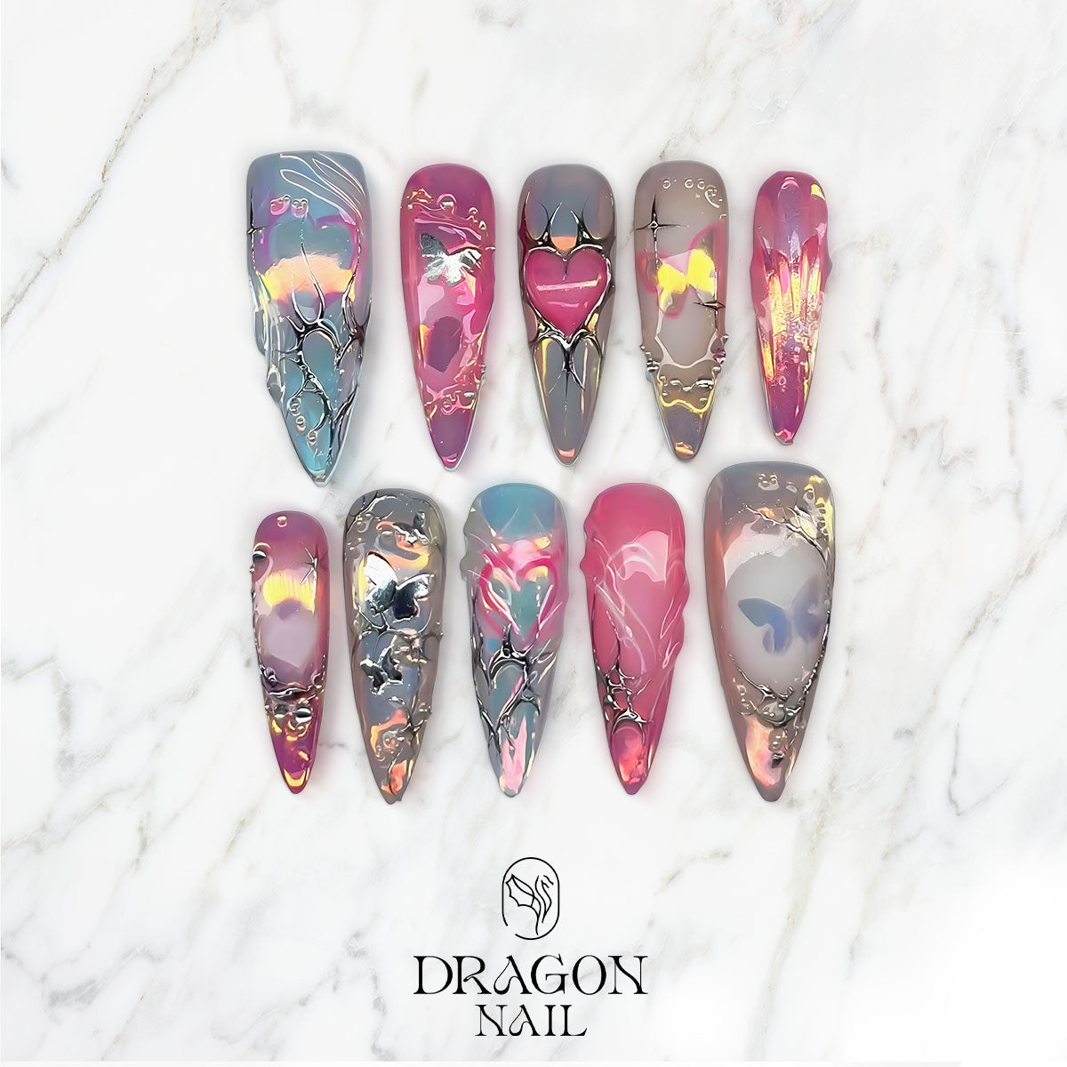 Butterfly Chrome Nails, Iridescent Pink Heart Press-On Set With Molten Metal Art, Limited Edition