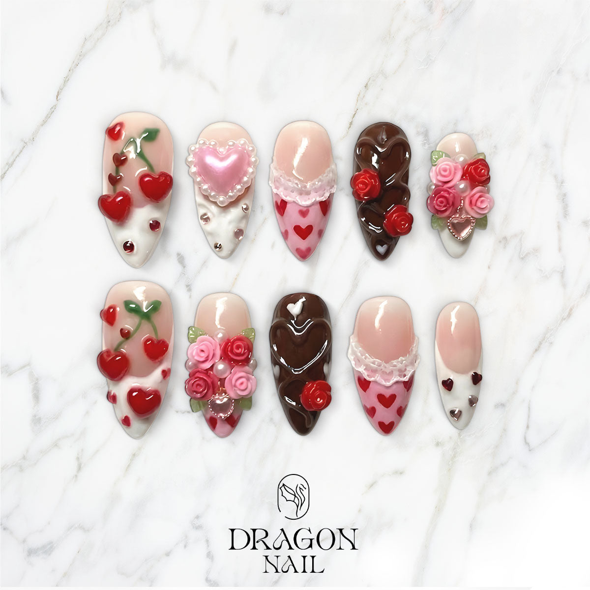 Valentine Heart & Chocolate Nails, 3D Roses Pearl Bow Press-On Set, Limited Edition