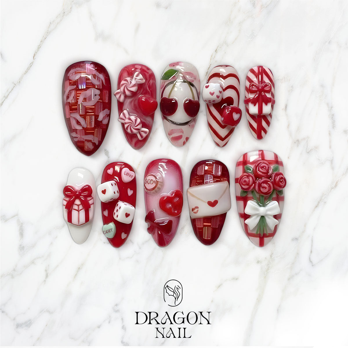 Valentine Nails, 3D Hearts & Candy Bow Press-On Set With Love Letters, Limited Edition