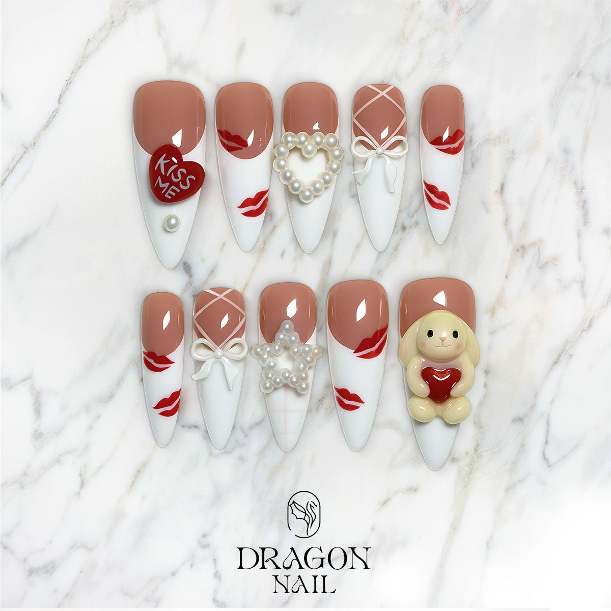 Valentine Nails, Kiss Print & Pearl Heart Press-On Set With Cute Bunny Charm, Limited Edition
