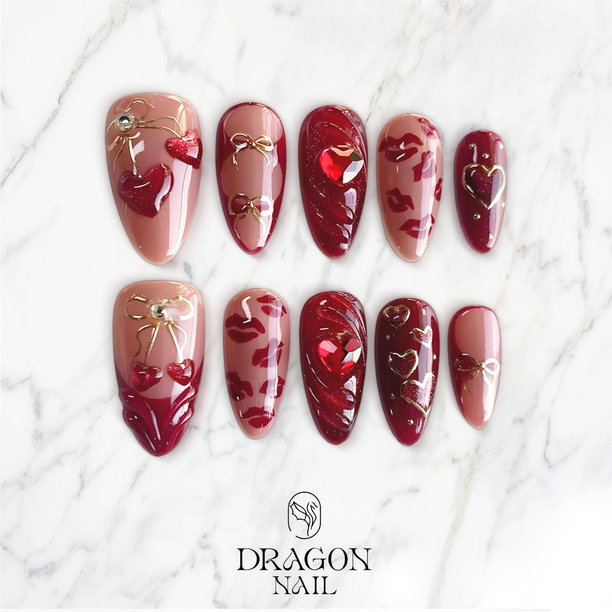 Valentine Nails, Deep Red Heart Gems & Kiss Print Press-On Set, Limited Edition