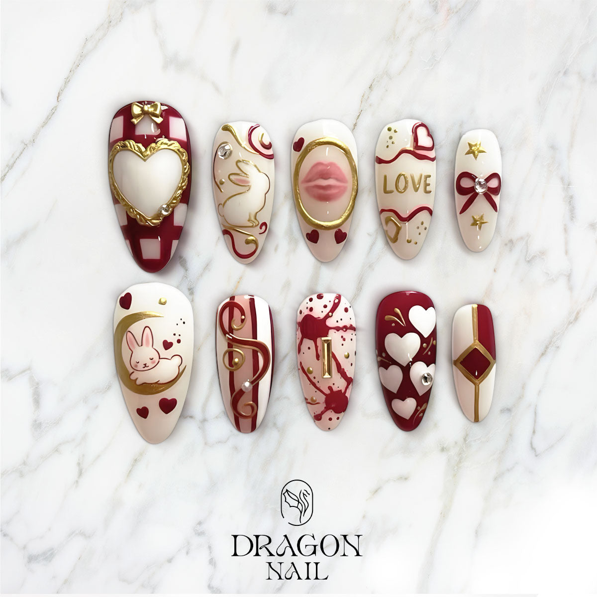 Valentine Nails, Red & White Bunny Love Press-On Set With Gold Accents, Limited Edition