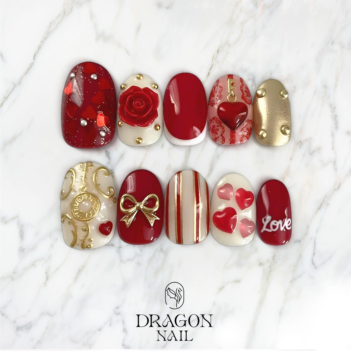 Valentine Nails, Red 3D Rose & Gold Bow Accent Press-On Set With Heart Charms, Limited Edition