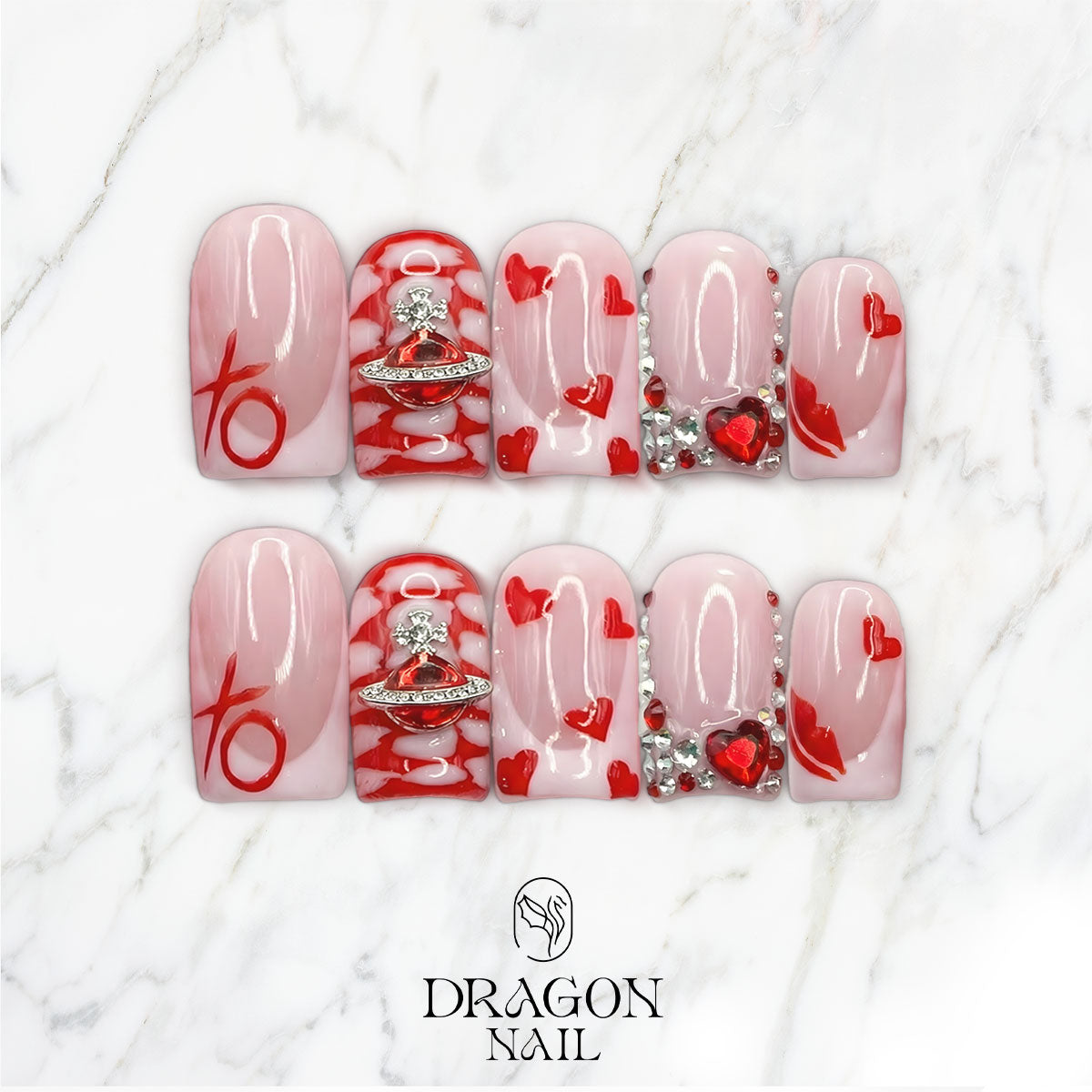 Valentine Nails, Pink XO Heart Press-On Set With Crystal Charms, Limited Edition