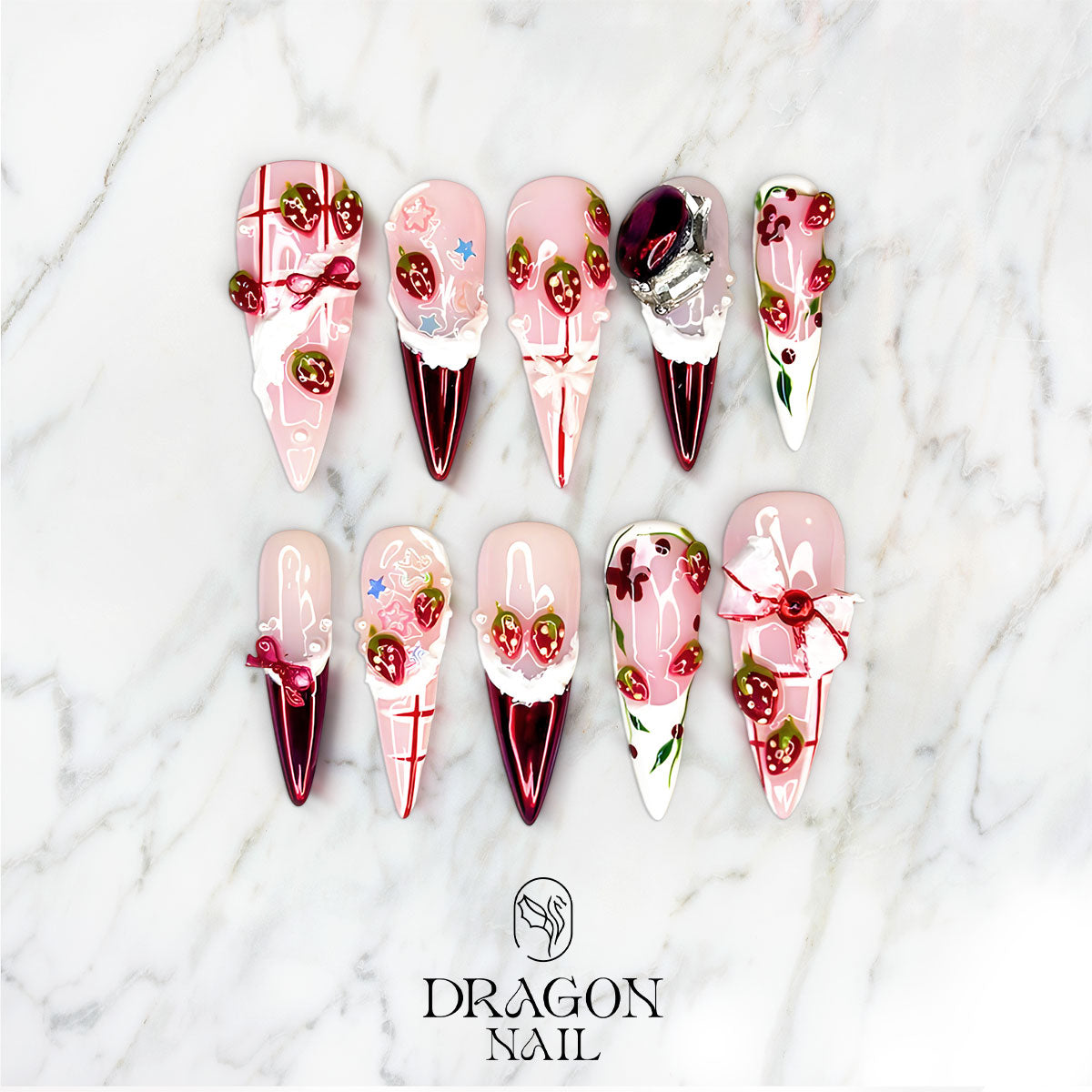 Strawberry Nails, 3D Whipped Cream & Red Chrome Press-On Set, Limited Edition