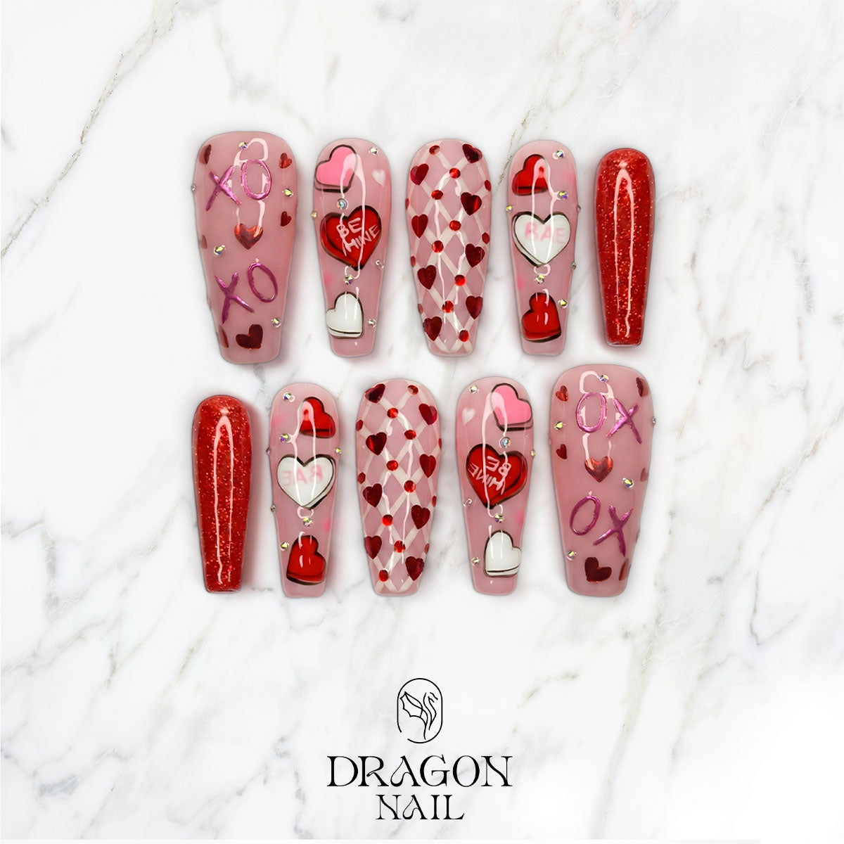 Valentine Nails, Pink XO & Heart Candy Press-On Set With Glitter Red Accent, Limited Edition