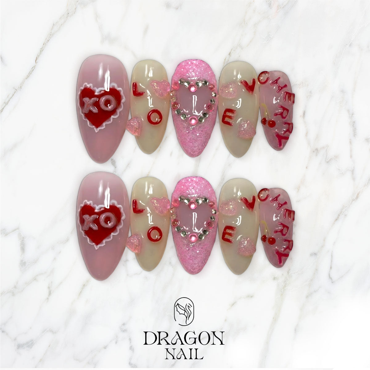 Valentine Nails, Pink Glitter XO & 3D Jelly Heart Press-On Set, Limited Edition