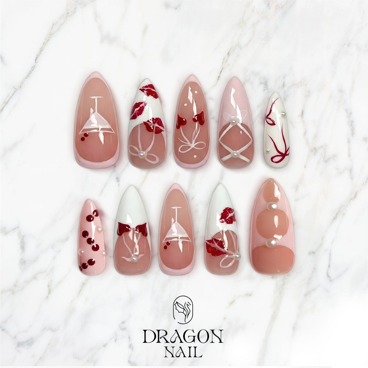 Valentine Nails, White Pink Kiss Print & Bow Heart Press-On Set, Limited Edition