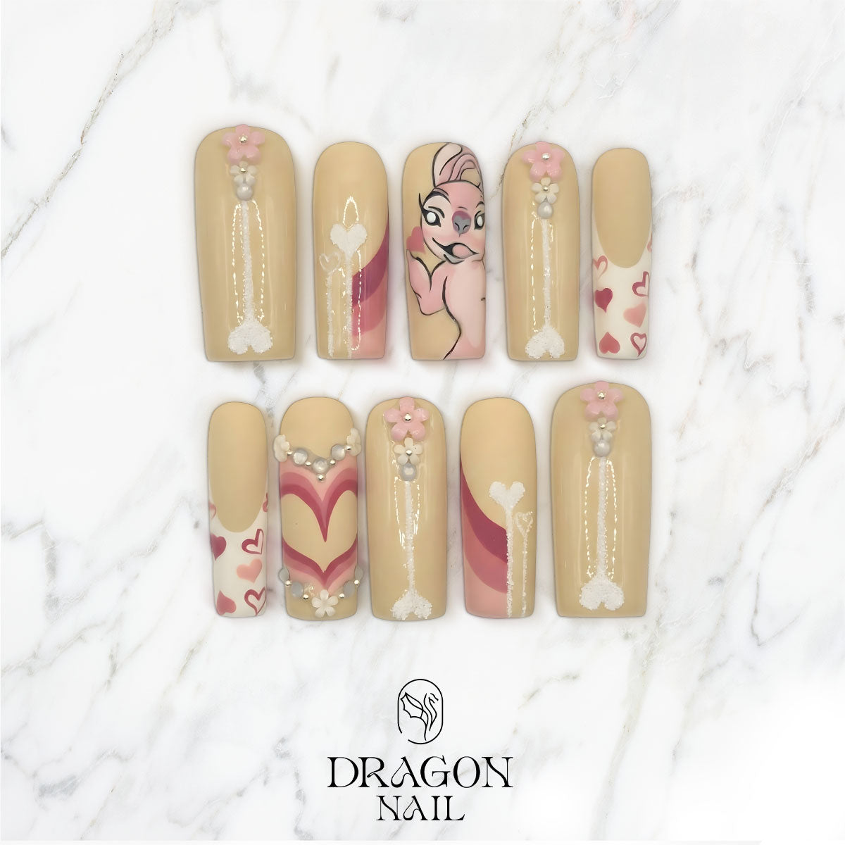 Princess Belle Nails, Pink Beige Heart Press-On Set, Limited Edition Valentine's Design