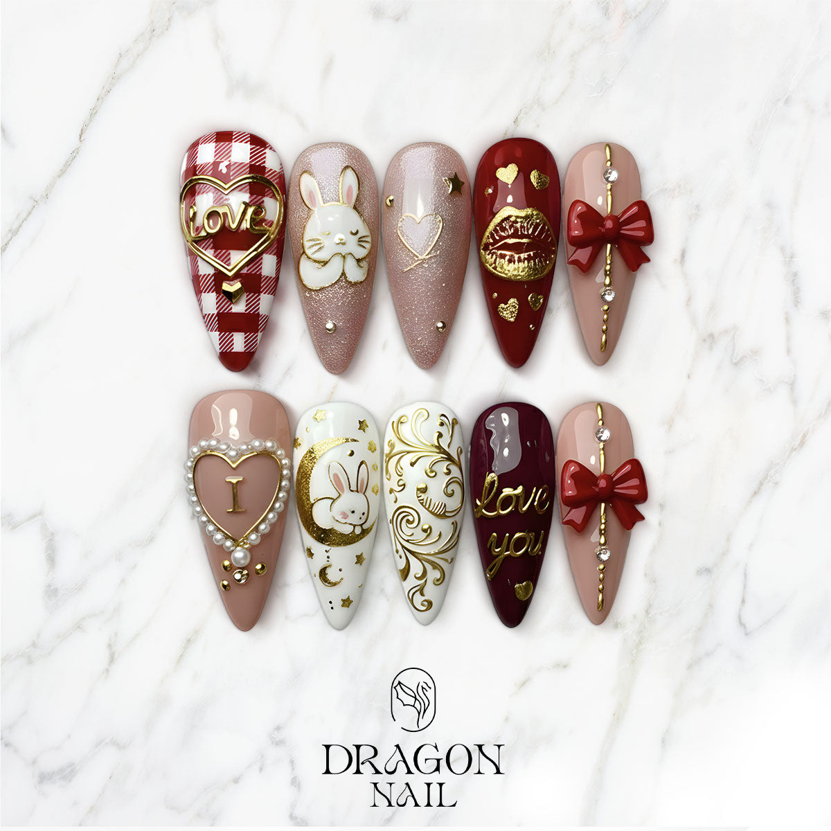 Valentine Bunny Nails, Red Gold Heart Press-On Set, Luxury Bow Design Limited Edition