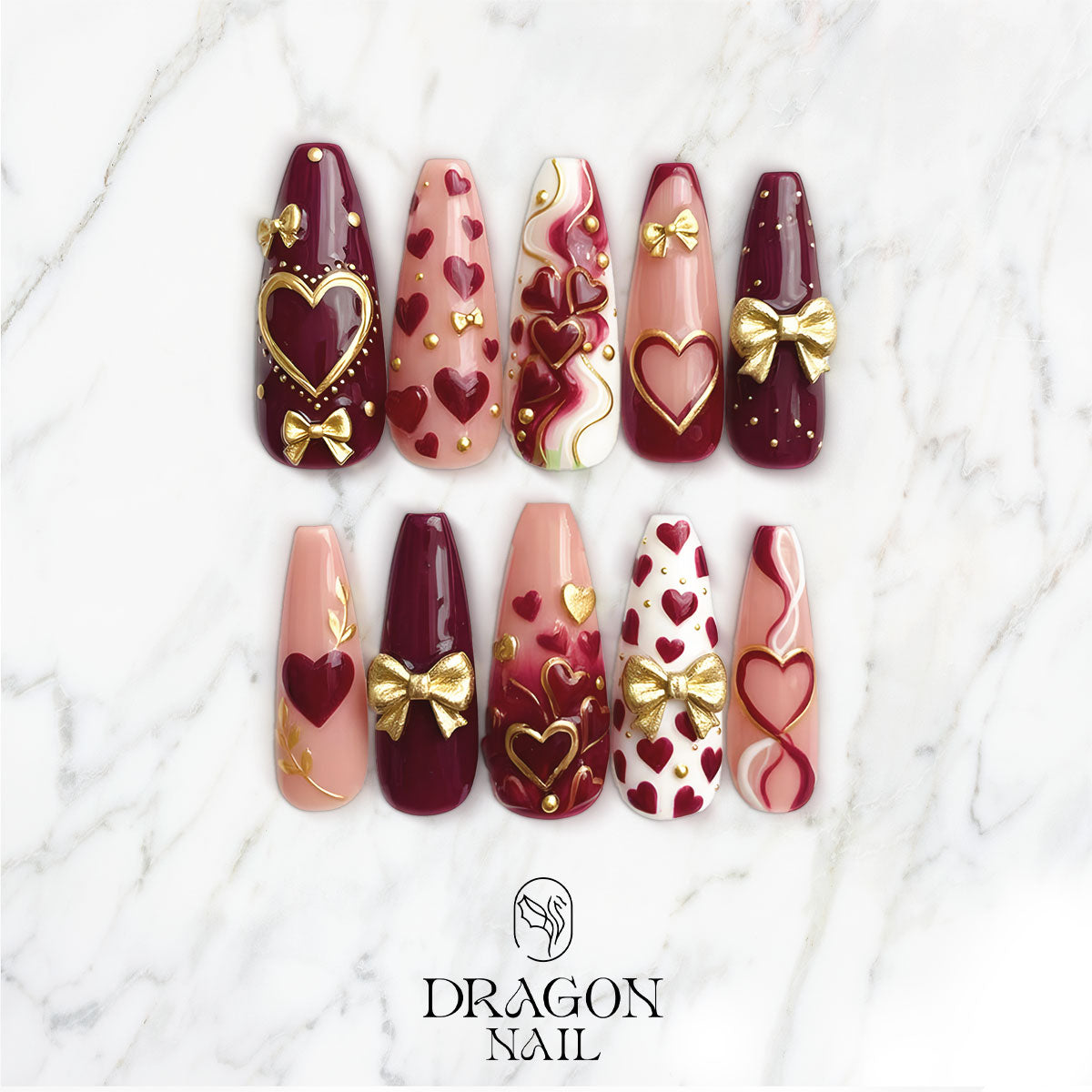 Valentine Heart & Gold Bow Nails, Romantic Red Press-On Nail Set, Limited Edition