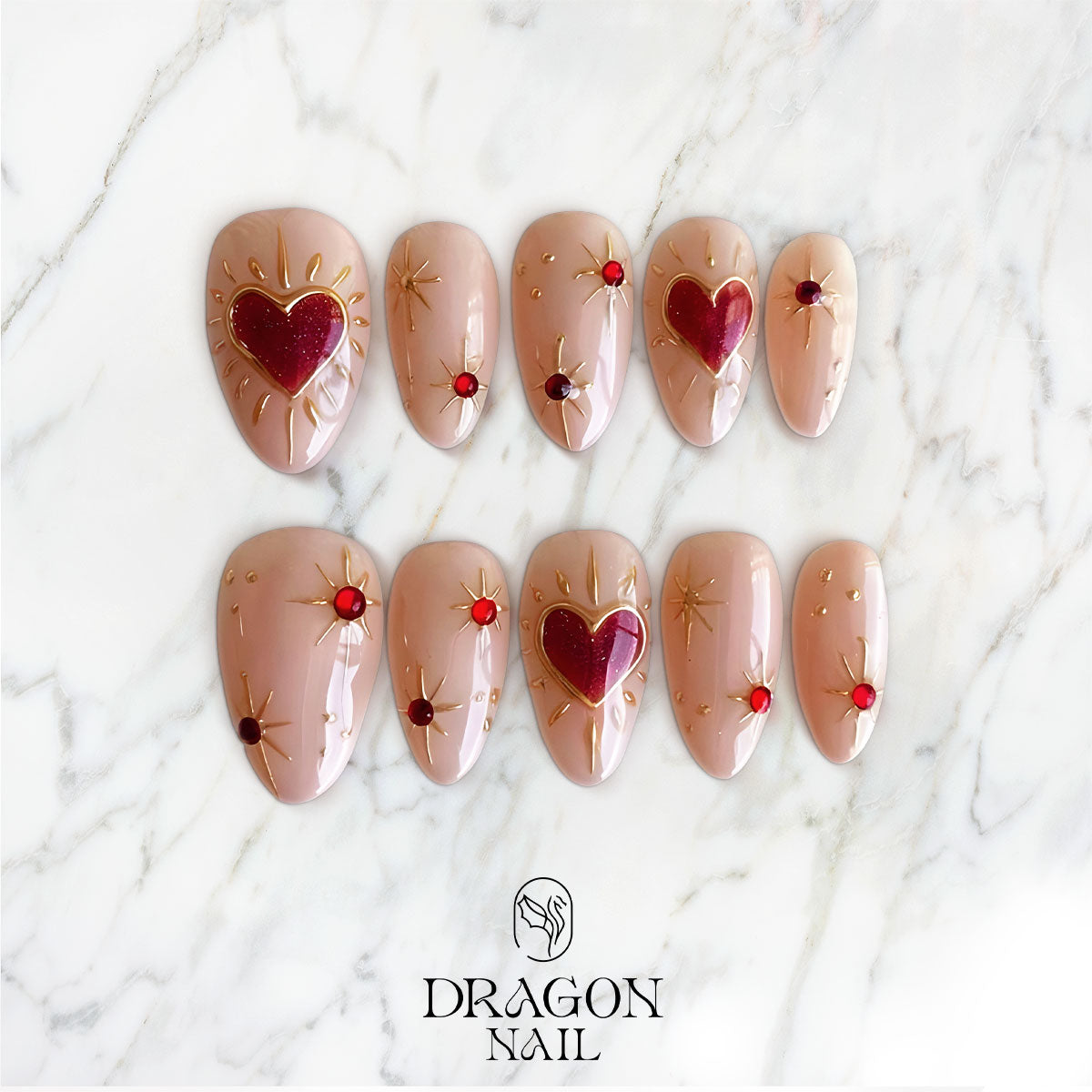 Valentine Red Gem Heart Nails, Nude Gold Sparkle Press-On Set, Limited Edition