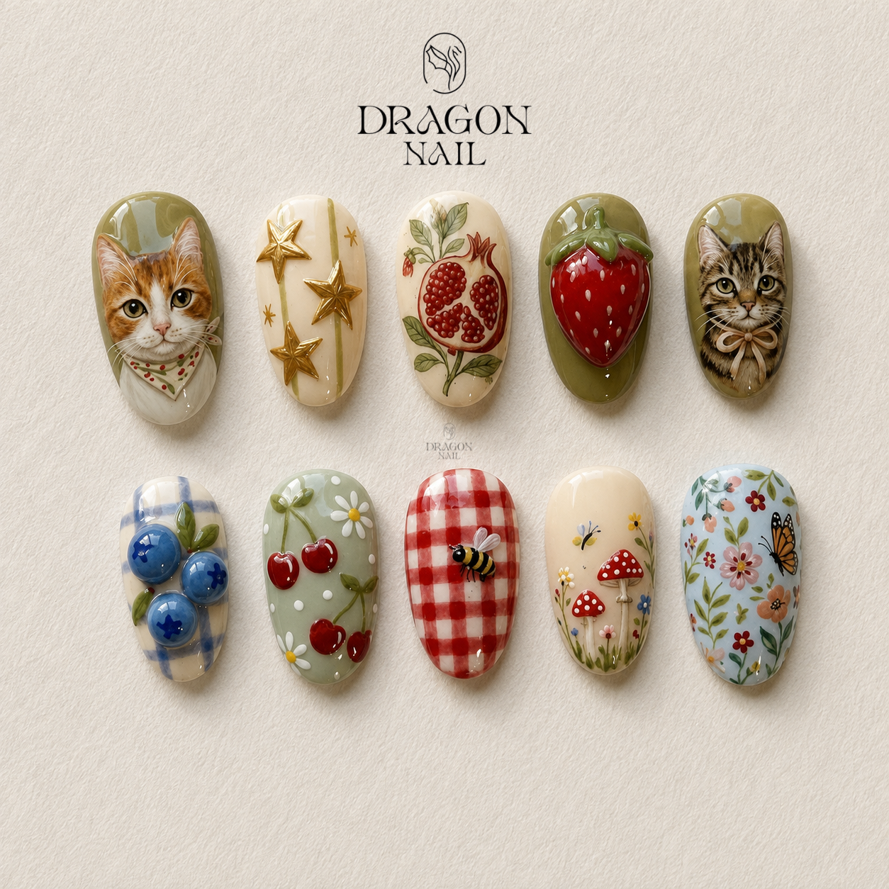 Cottage Garden Cat Strawberry Floral Almond Press On Nails