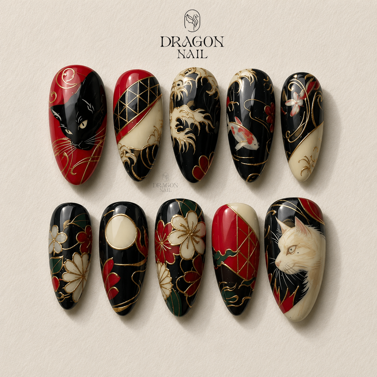 Oriental Dragon White Cat Moon Red Floral Coffin Press On Nails