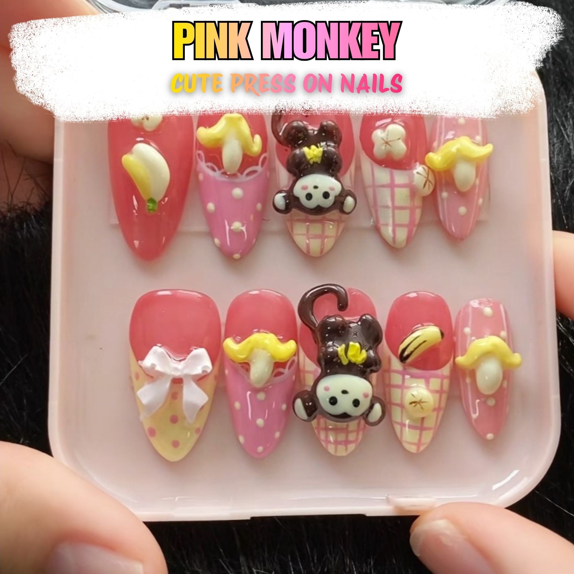 Cute Kawaii Pink 3D Money Banana Press On Nails