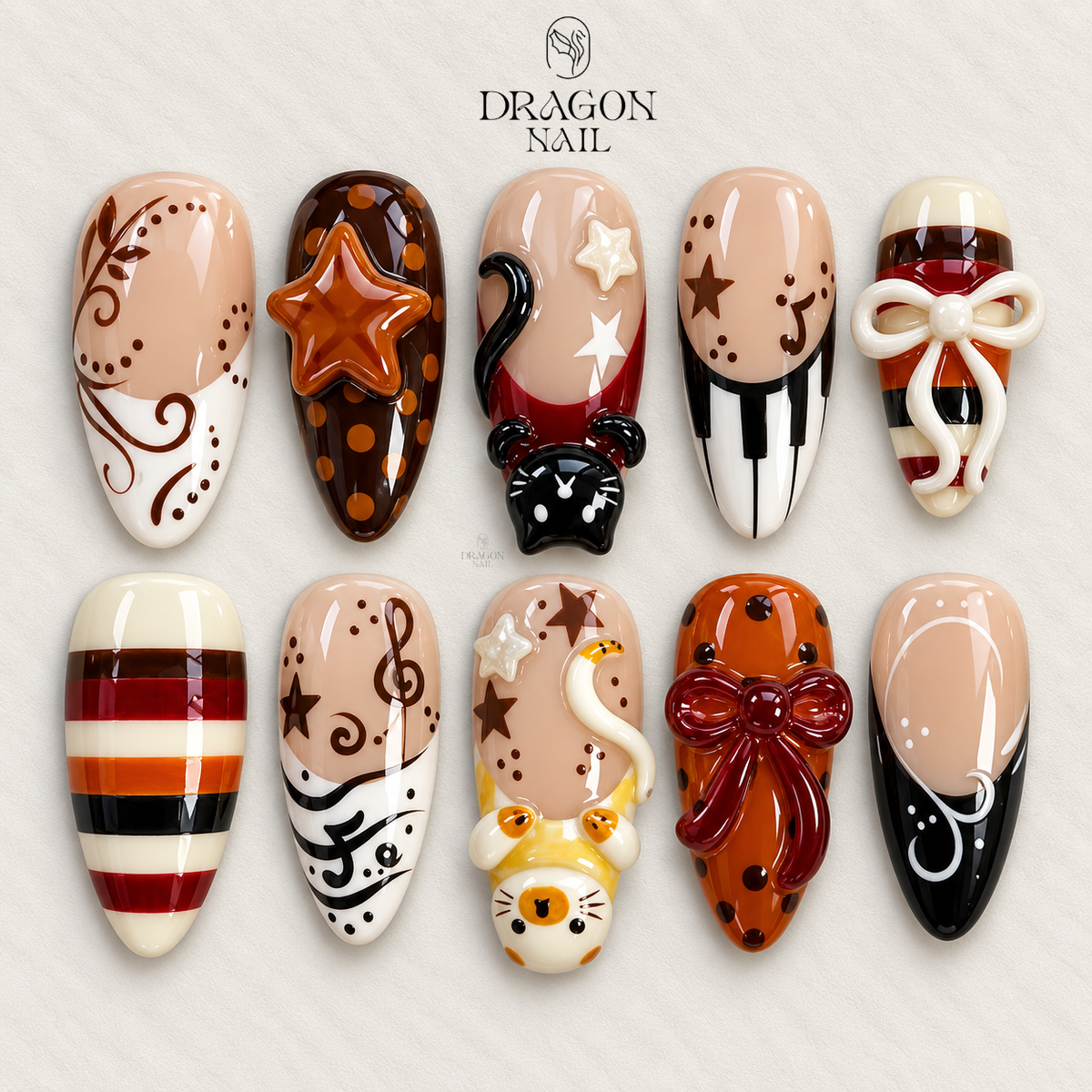3D Kawaii Cat Bow Polka Dot Star Press On Nails