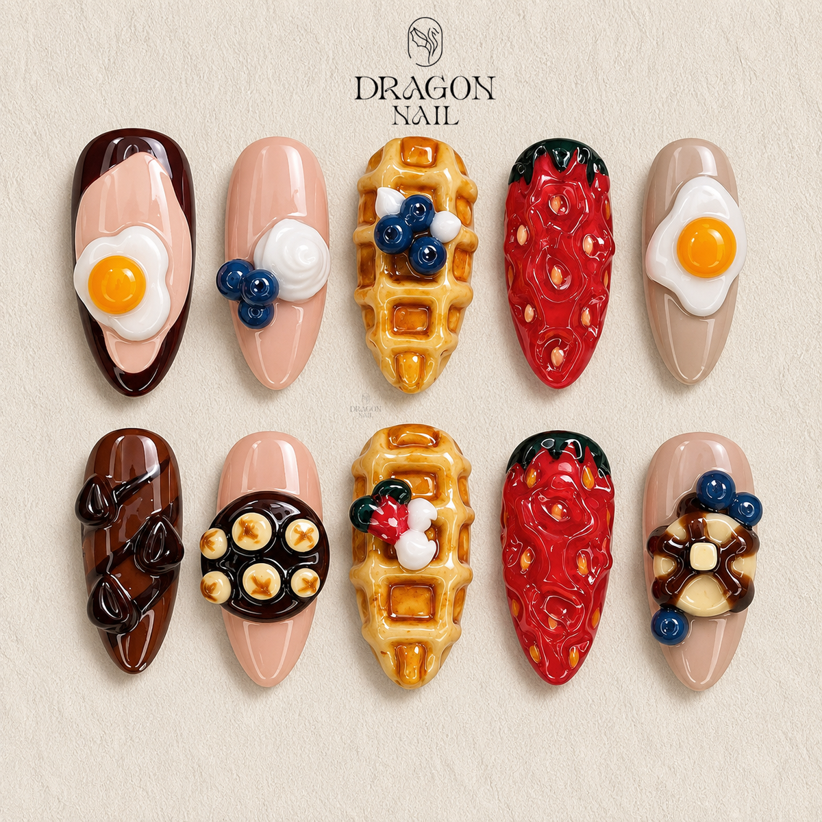 3D Kawaii Breakfast Waffle Strawberry Egg Press-On Set