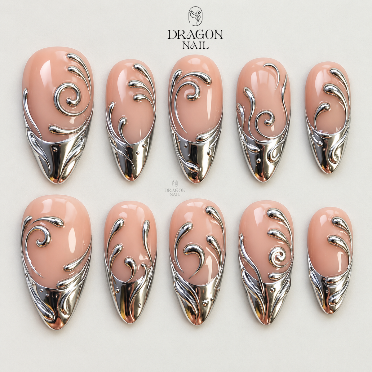 3D Silver Chrome Gothic Y2K French Press On Nails