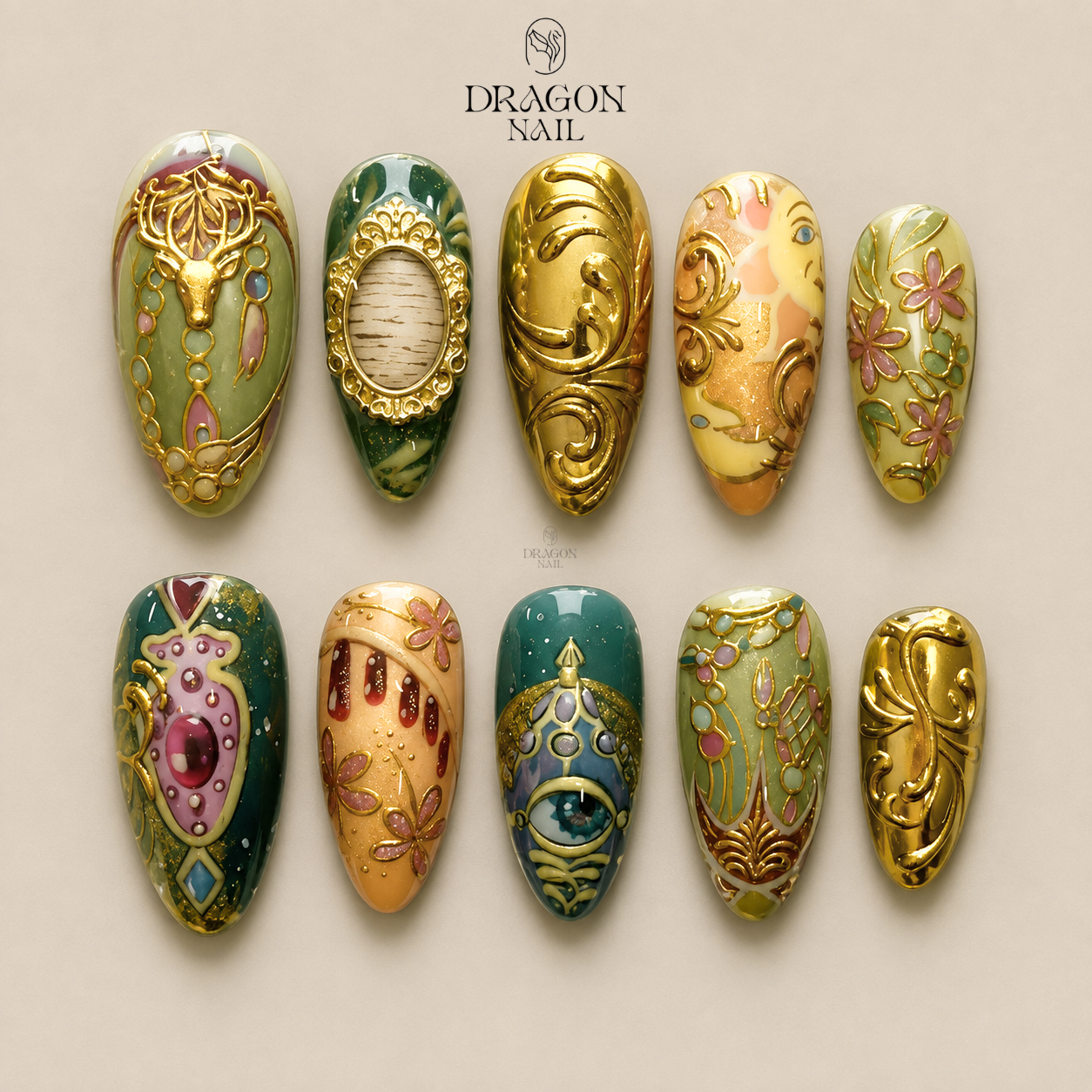 Luxury Elven Press-Ons – Gold Filigree, Mystic Stag, Cabochon Gems