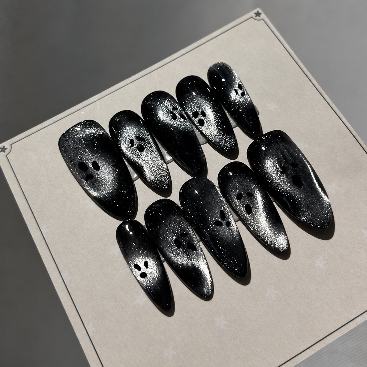 Black Silver Ghost Cat Eye Press On Nails