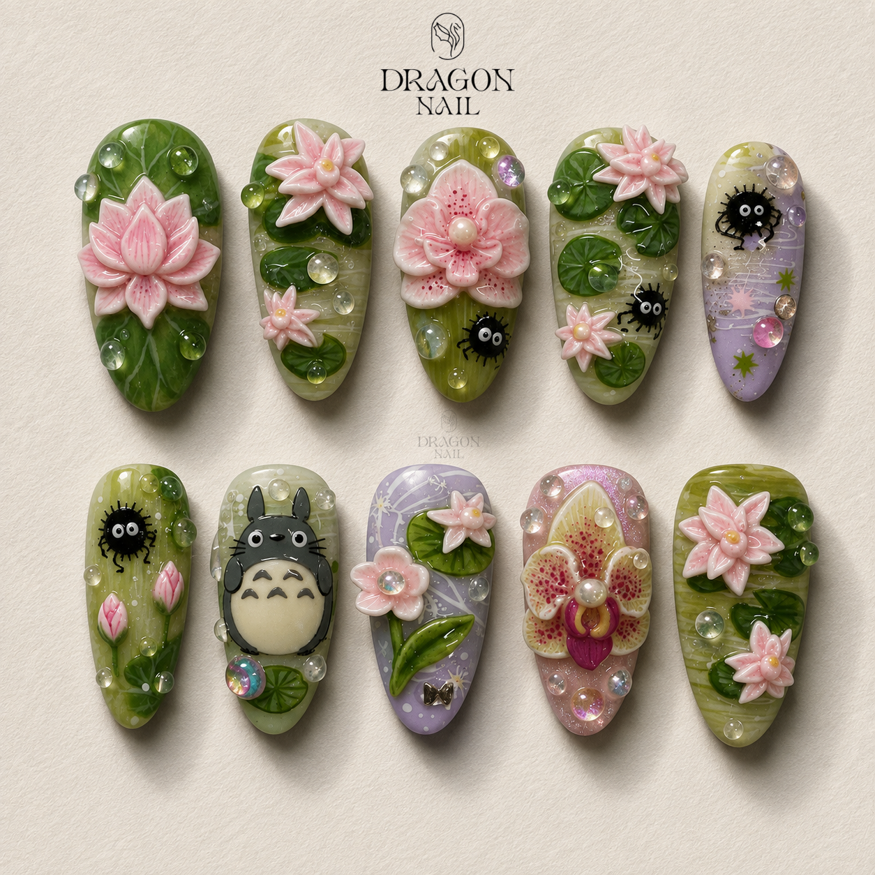 Whimsical Lotus Bloom Water Drop Press On Nails