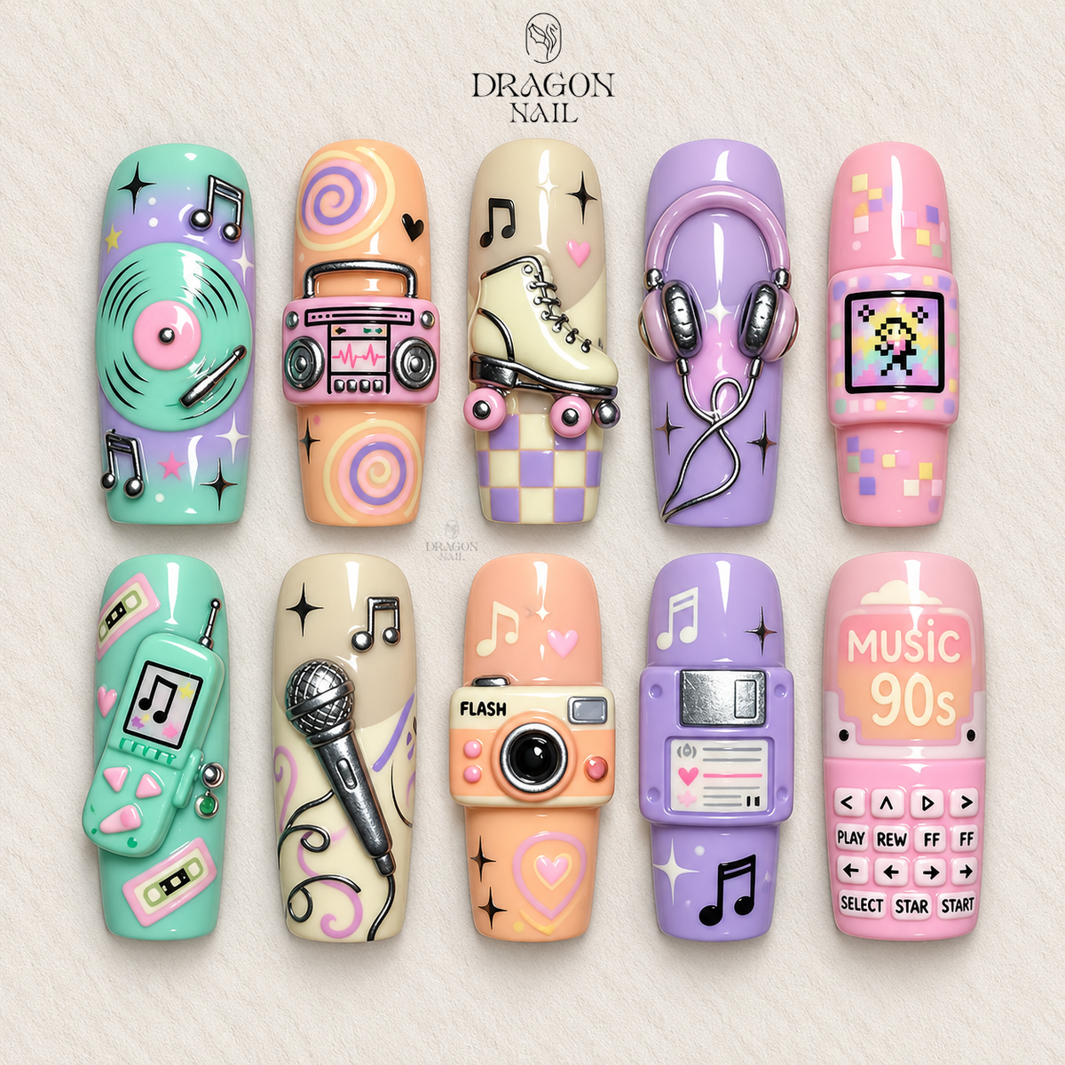 90s Music Retro Cassette Pop Art 3D Press On Nails