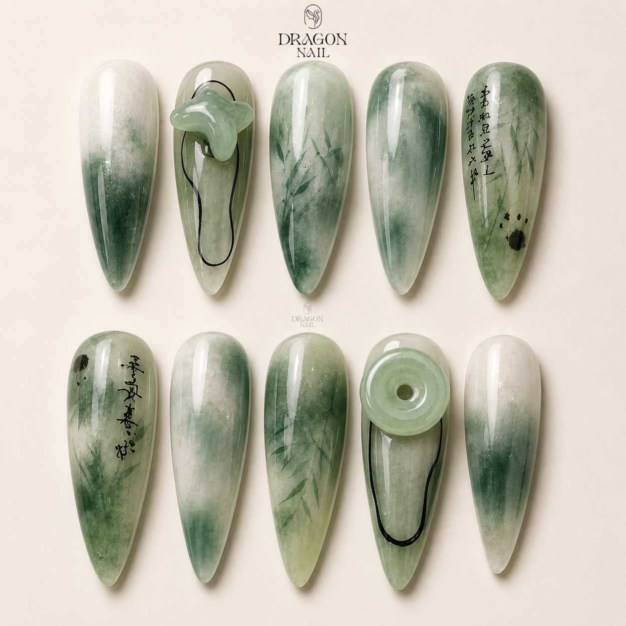 Jade Green Bamboo Calligraphy Press On Nails