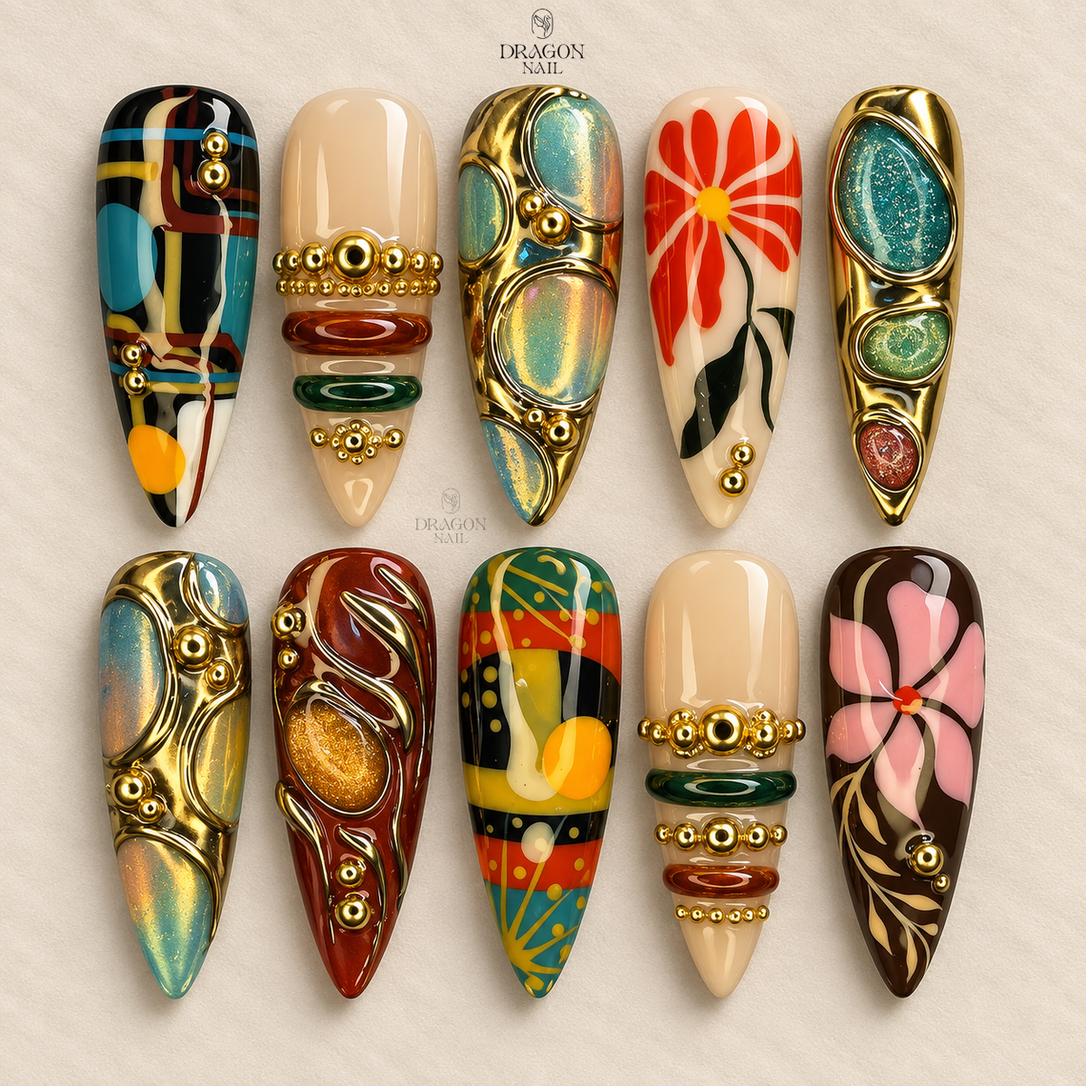 Abstract Floral Colorful Gold 3D Luxury Press On Nails