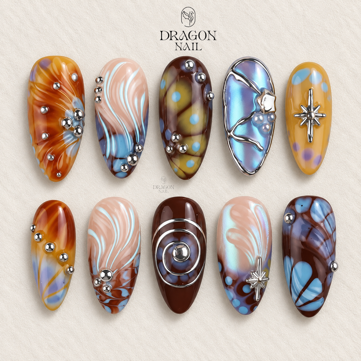 Abstract Brown Blue Chrome Swirl Press On Nails