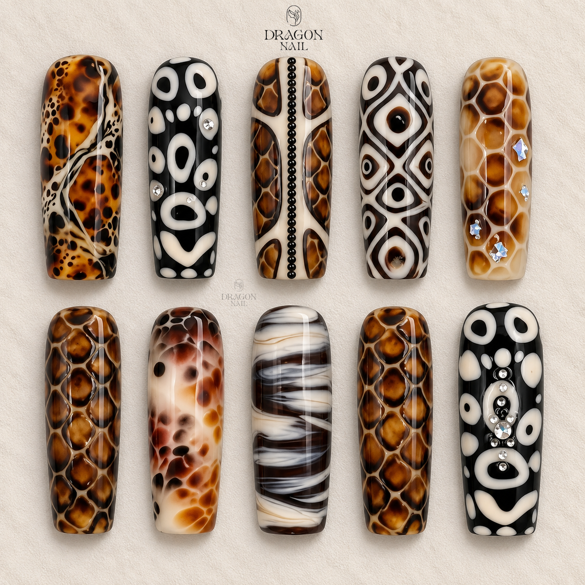 Amber Marble Rhinestone Abstract Luxury Brown Coffin Press On Nails