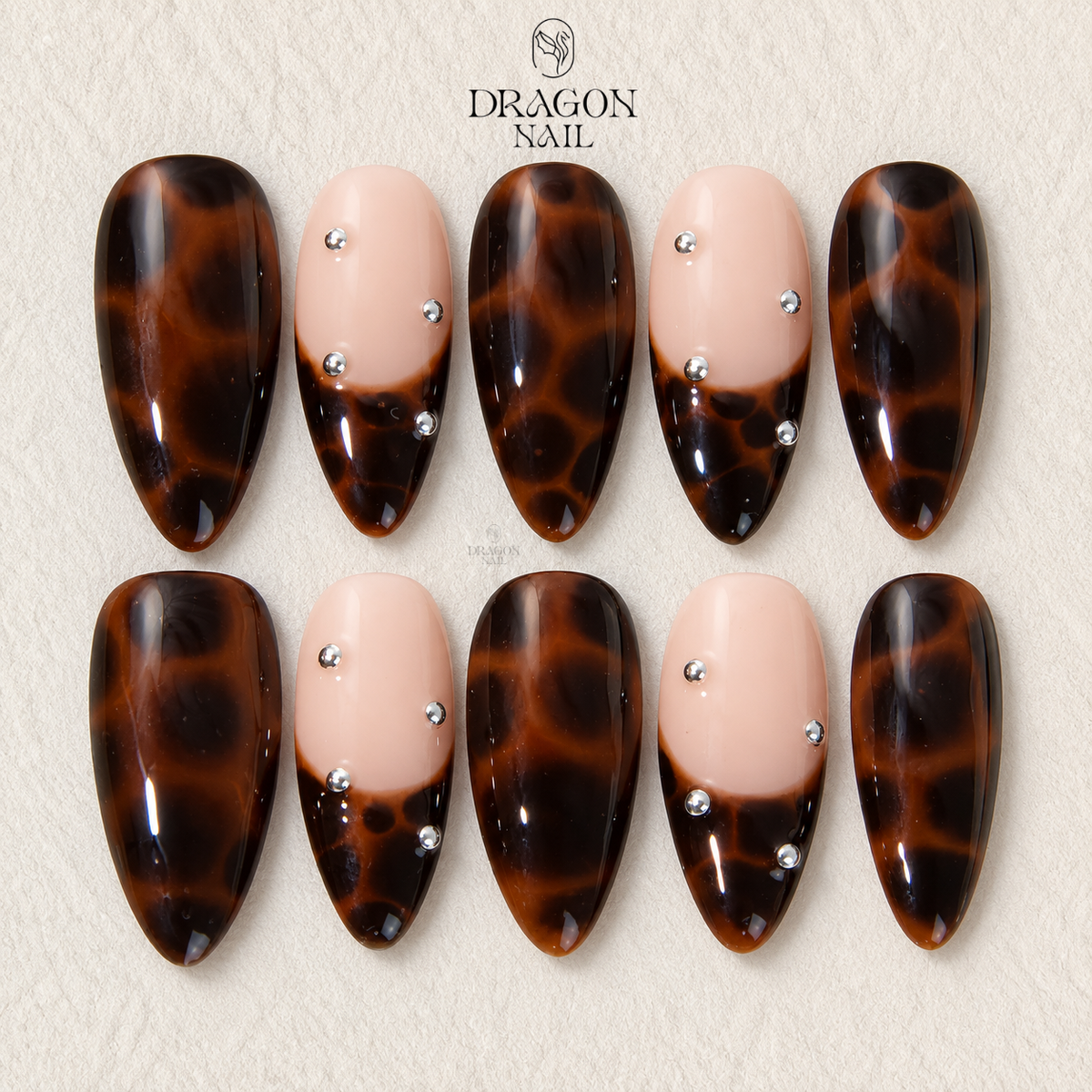 Amber Tortoise French Tip Silver Stud Press On Nails