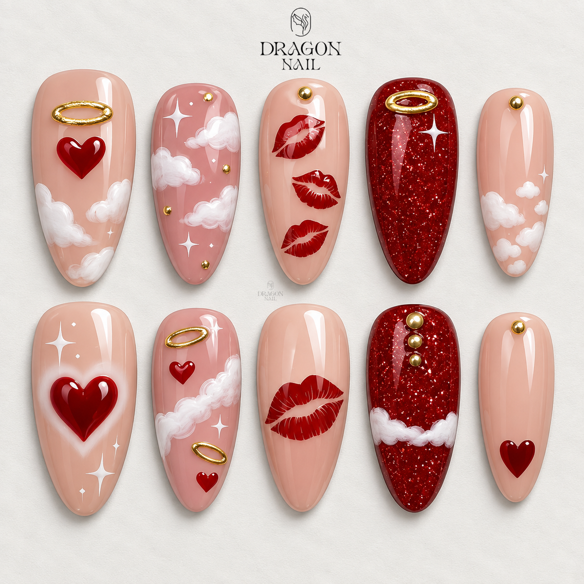Angel Kiss Valentine Nails, Pink Red Heart Cloud Press-On Set
