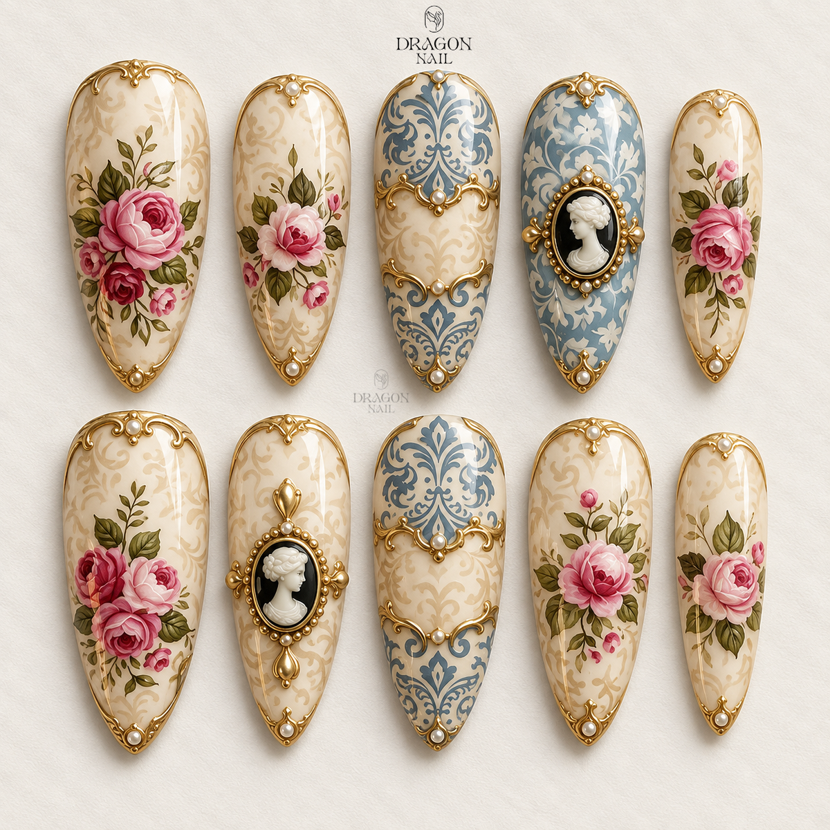 Antique Rose Cameo Porcelain Vintage Press On Nails