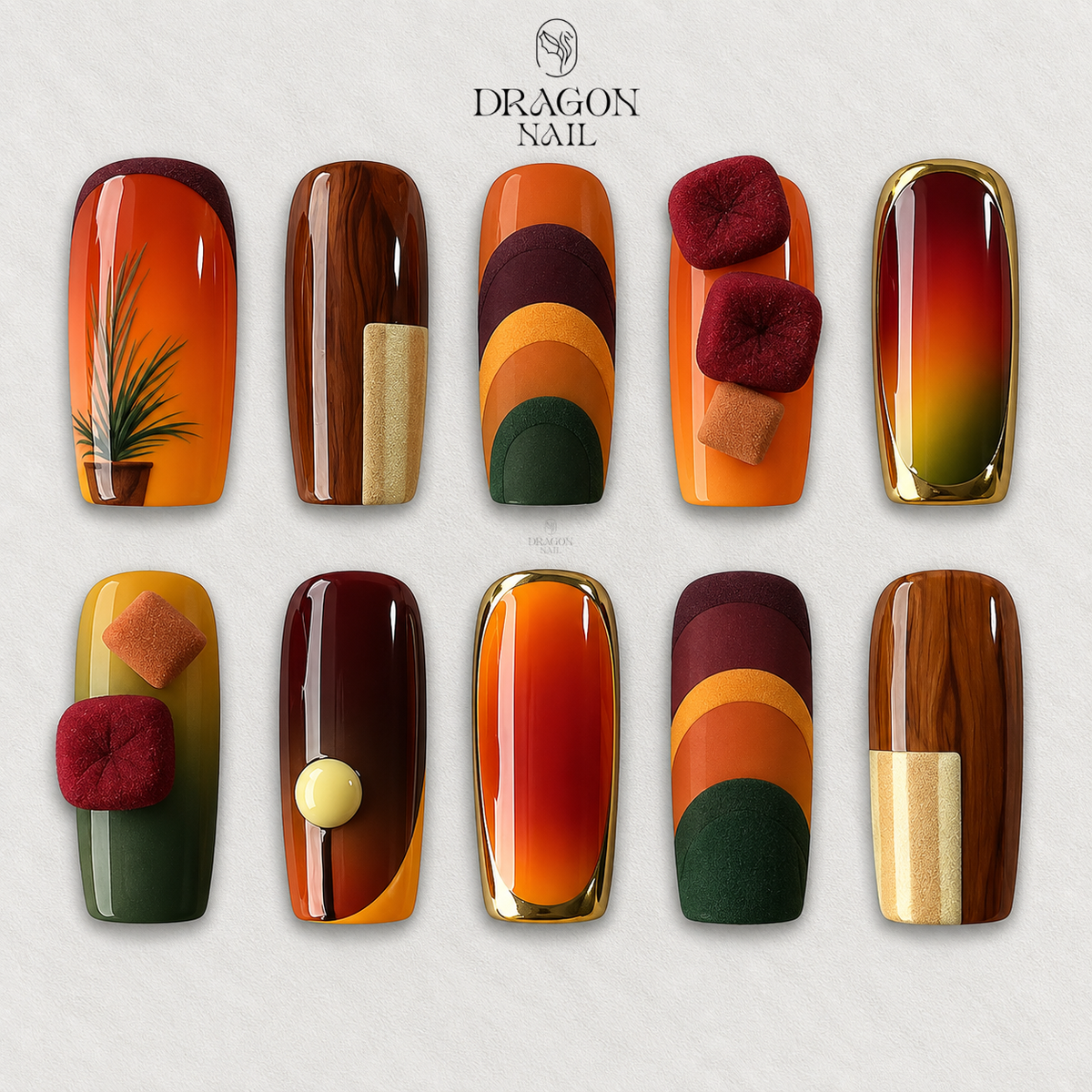 Autumn Sunset Geometric Velvet 3D Retro Press On Nails
