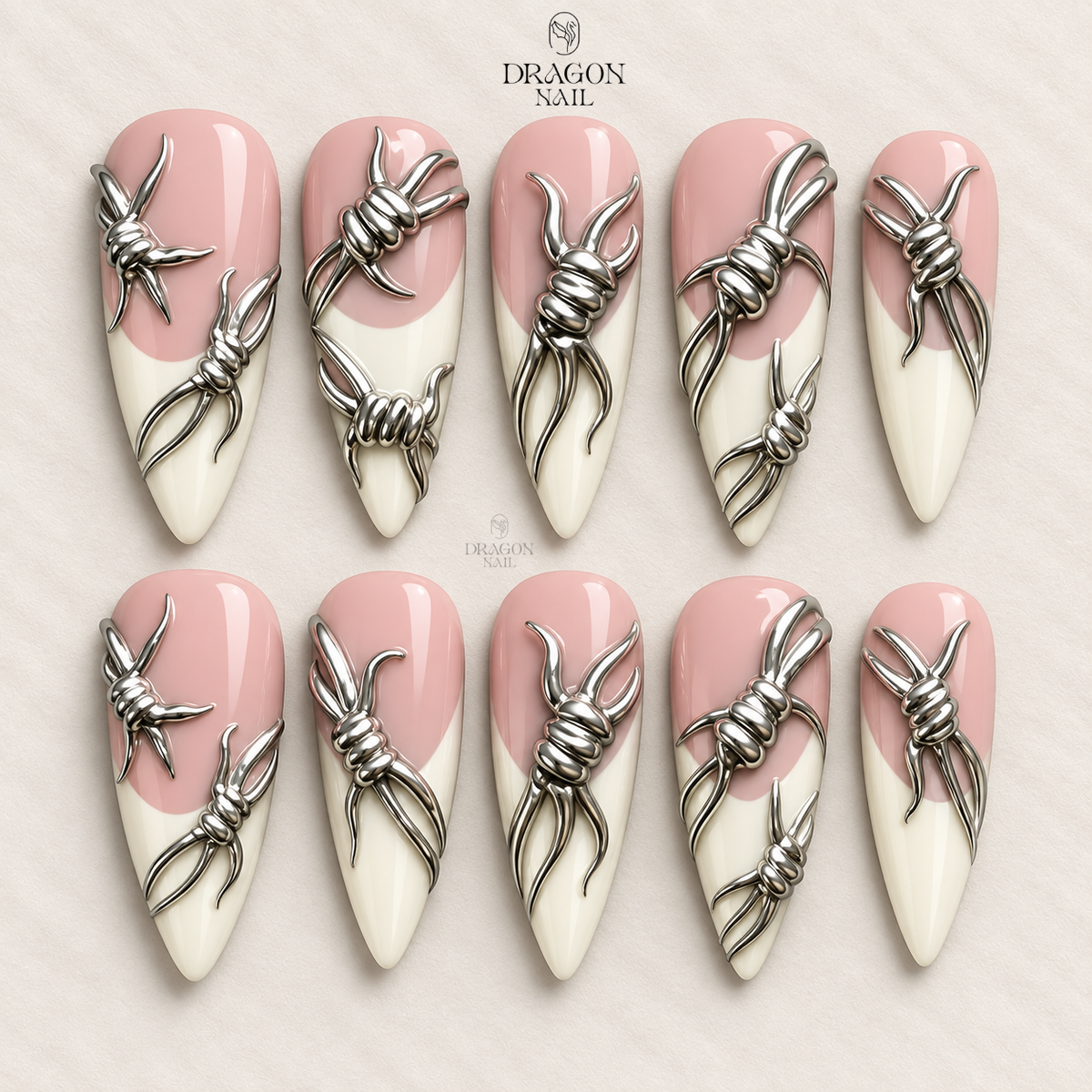 Barbed Wire Silver 3D Pink French Edgy Glam Stiletto Press On Nails
