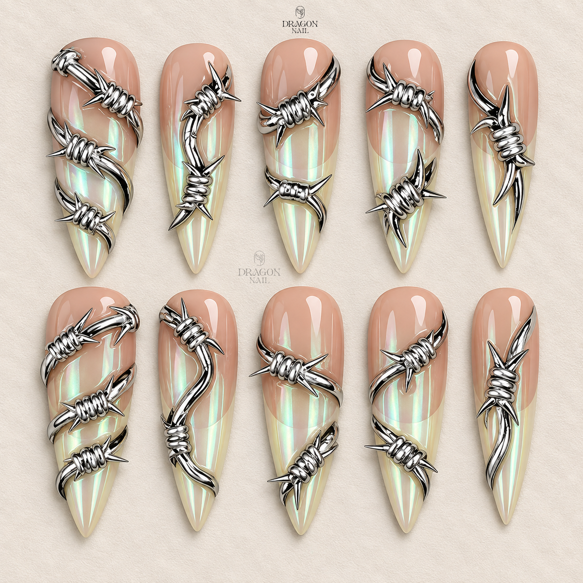 Barbed Wire Metallic Thorn Edgy Nude Gradient Stiletto Press On Nails