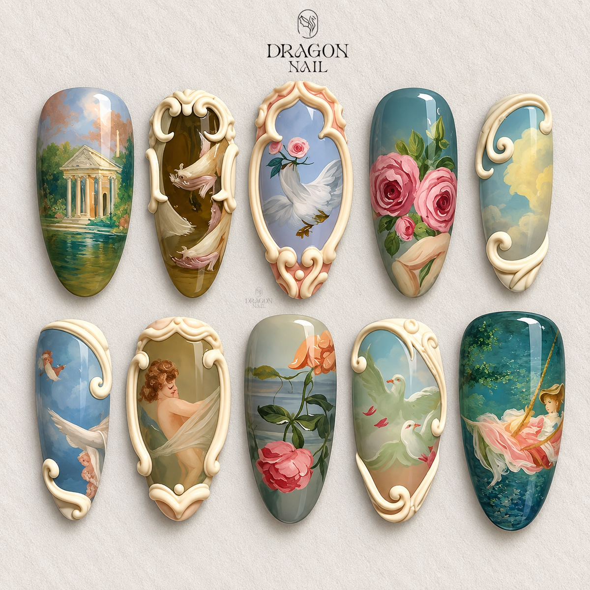 Baroque Art Nails, Classical Oil Painting Reusable Press-On Set, Romantic Frame Design, Limited Edition