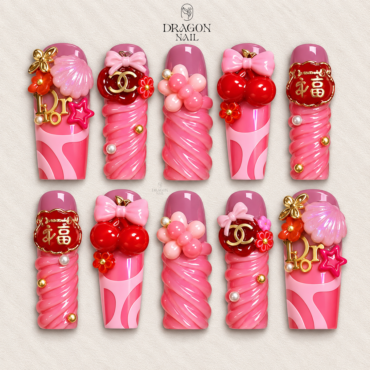 Berry Whip Valentine Nails, Red Pink Kawaii Press-On Set With 3D Charms, Limited Edition
